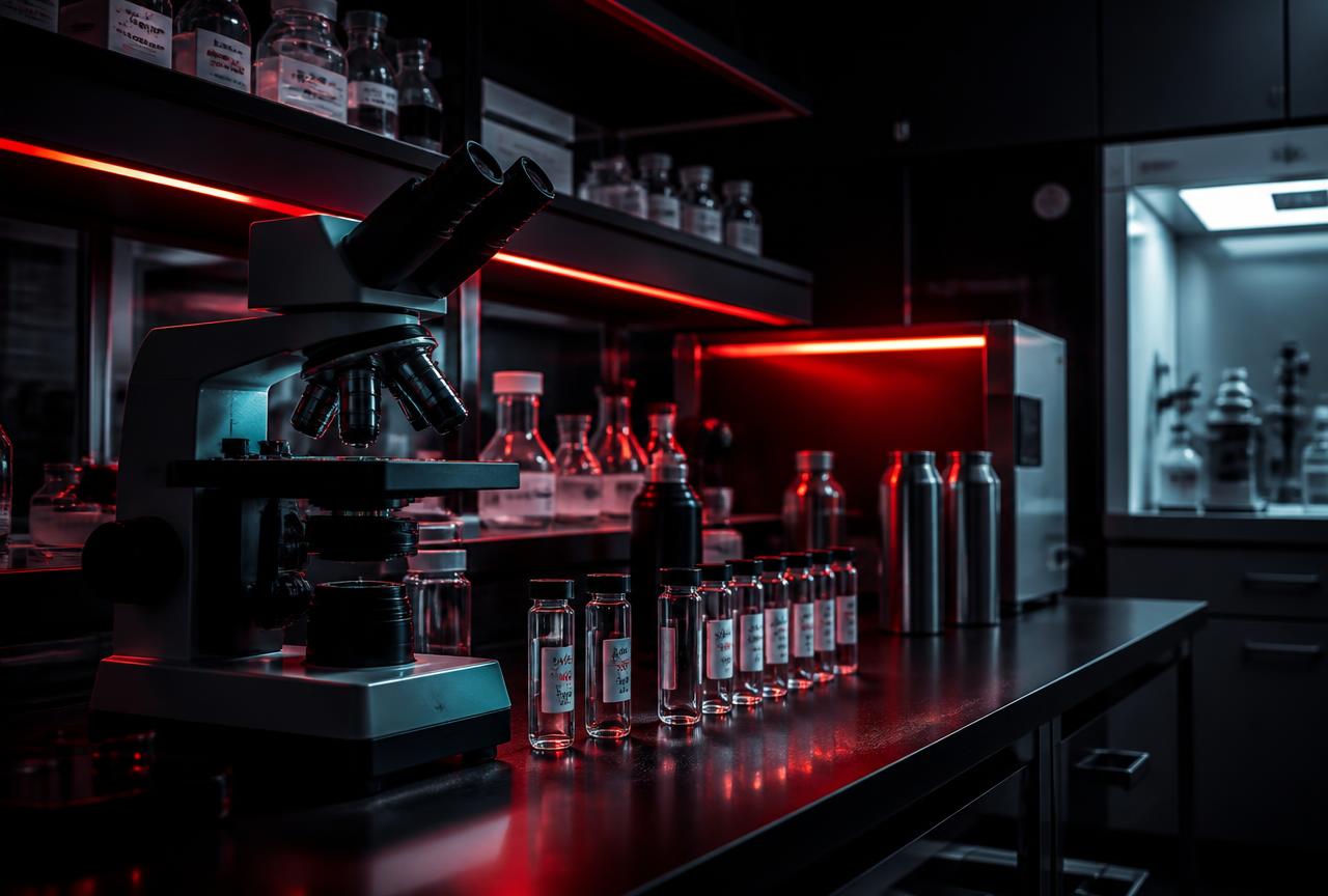 Laboratory bench with research vials and a microscope under red accent lighting