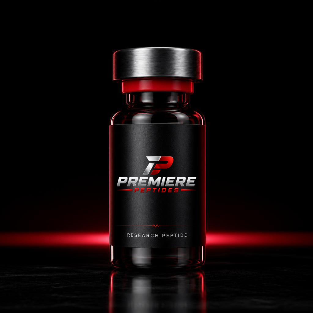 Premiere Peptides research vial with silver cap under red studio lighting